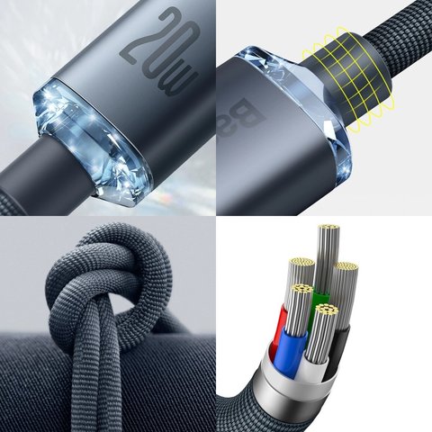 USB кабель Baseus Crystal Shine Series, USB тип-C, Lightning, 200 см, 20 Вт, черный, в нейлоновой оплетке, #CAJY000301 Превью 1