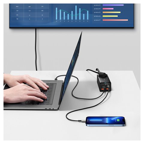 Сетевое зарядное устройство Baseus GaN3 Pro Desktop, 100 Вт, Quick Charge, черный, с розеткой, c кабелем USB тип-C к USB тип-C, 4 порта, 1,5 м, #PSZM000401 Превью 2