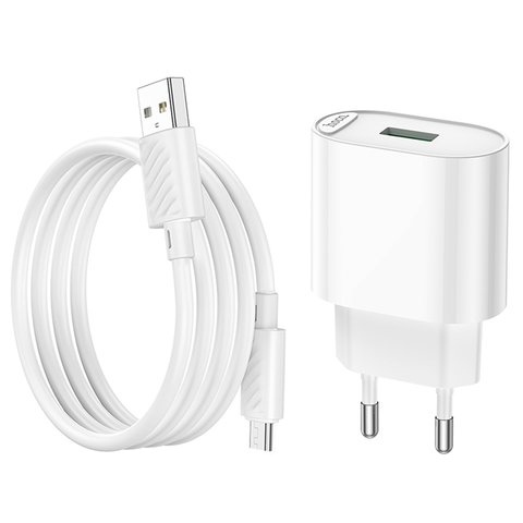 Мережевий зарядний пристрій Hoco C109A, 18 Вт, Quick Charge, білий, з micro-USB кабелем тип-В, 1 порт, #6931474784827 Прев'ю 1